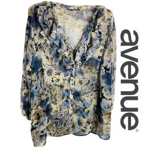 AVENUE Elegant Floral~Semi Sheer~Lightweight & Airy~Ruffled Neck~Size 2X